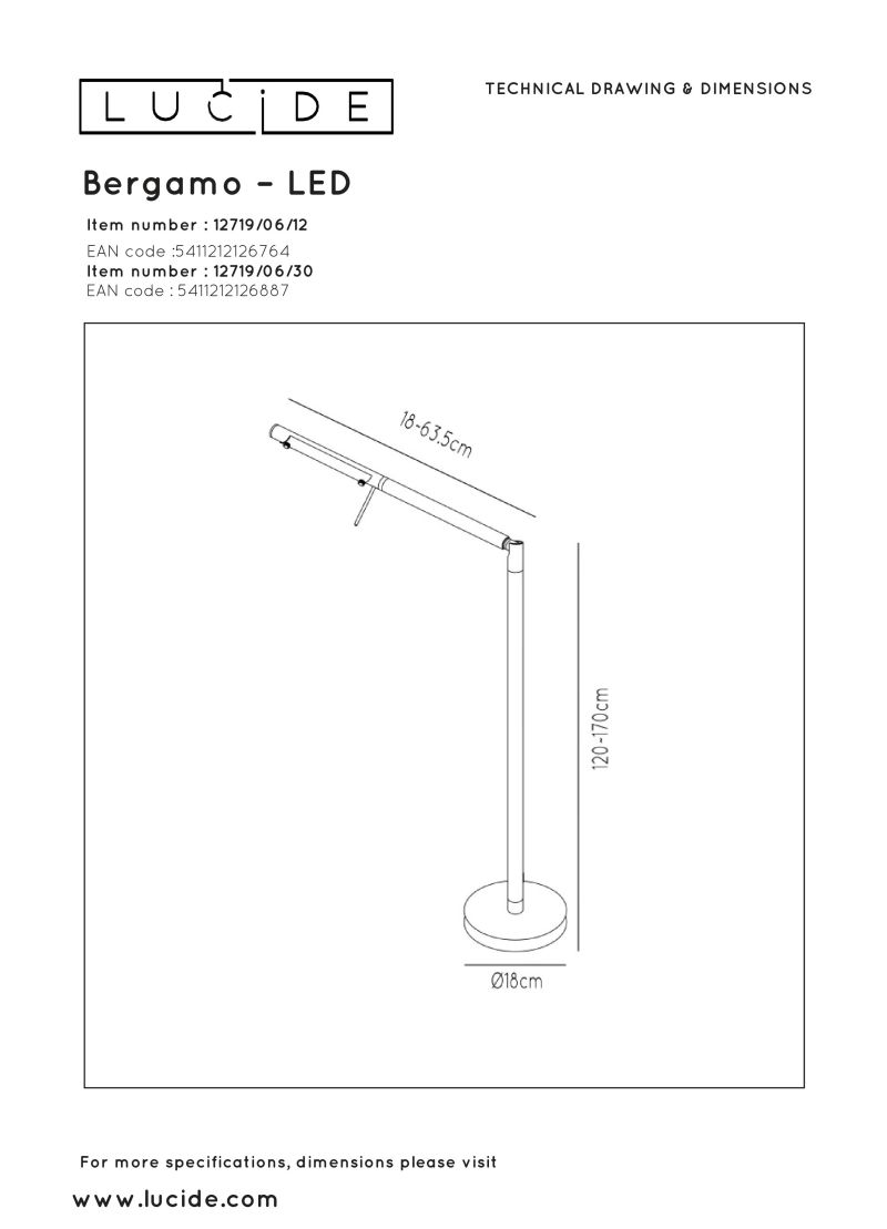 BERGAMO-LED - Stojaca stmiev. lampa - 6W 3000K 600LM Satin chrome